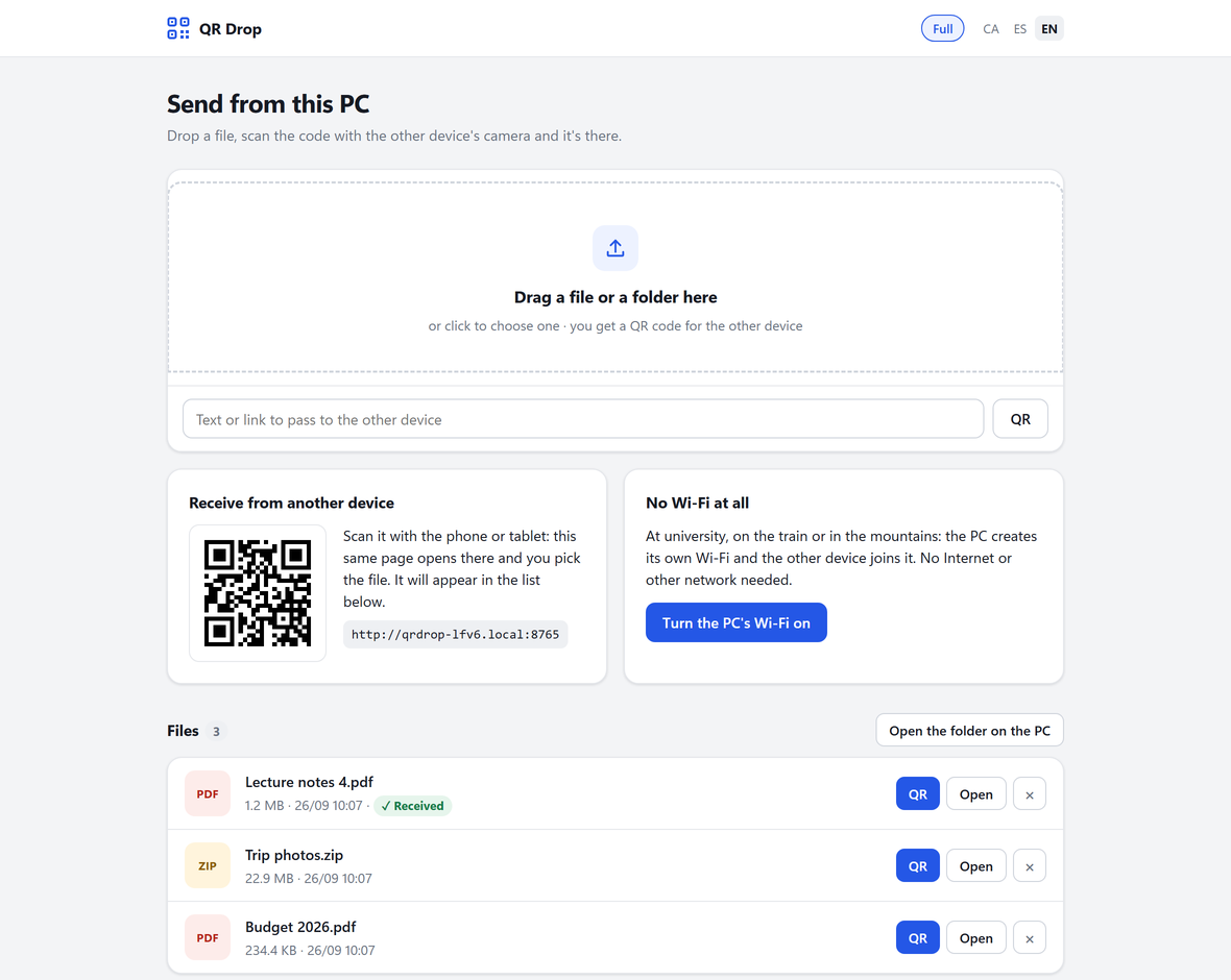 On the PC: drop the file and the QR appears. The list keeps what you sent and marks what arrived.